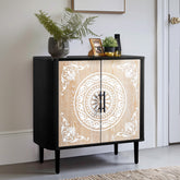 HAOYYE Pattern Carved Sideboard With High Feet And Oval Tabletop, Curved Side Frame, MDF Door Panels With Spray Paint Finish, Polished Melamine Board Cabinet Body, Elegant Modern Storage Cabinet For Living Room And Dining Room